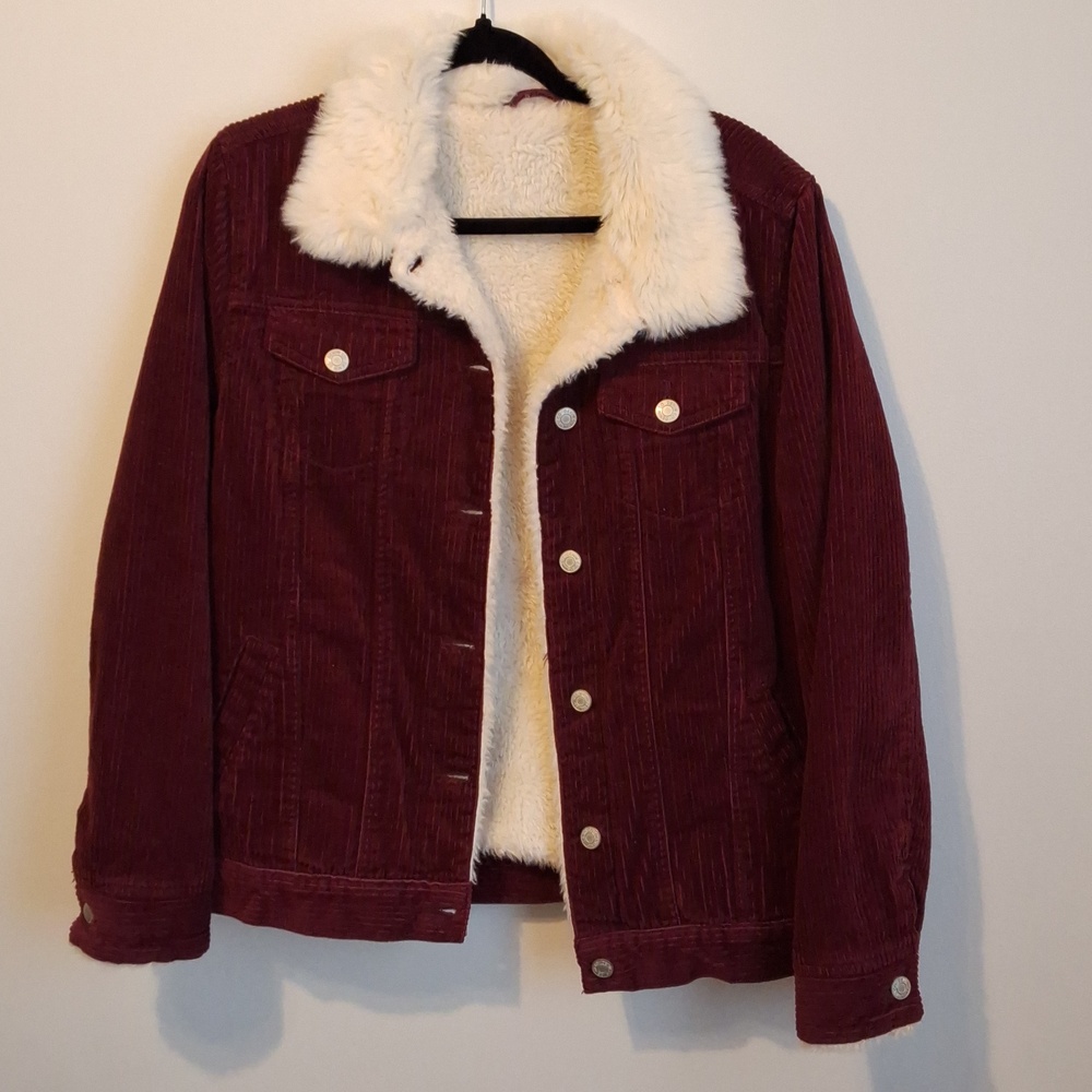 Women’s Burgundy Corduroy Jacket with Cream Faux Fur Trim